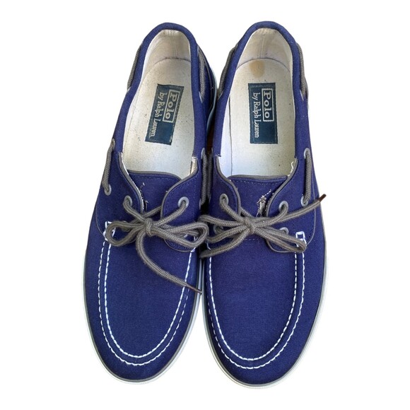POLO by Ralph Lauren LANDER Men’s 10.5 Boat Shoes Navy Canvas White Trim - Picture 2 of 11